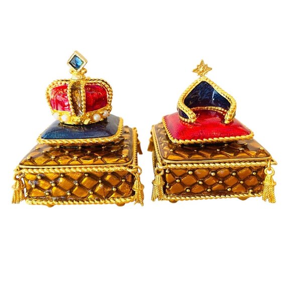 King Queen Crown Enamel Trinket Boxes Set of 2 Ring Jewelry Holder Wedding - Picture 3 of 12